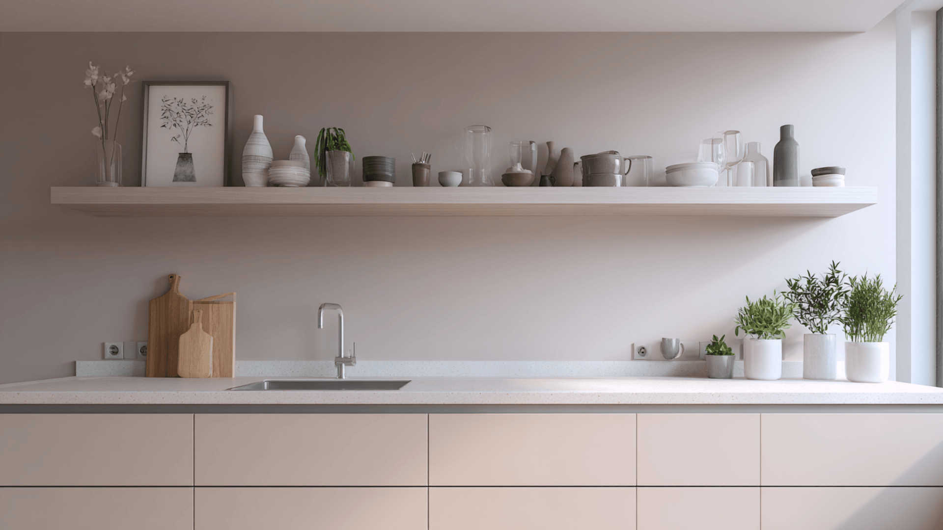 narrow kitchen with a single floating shelf