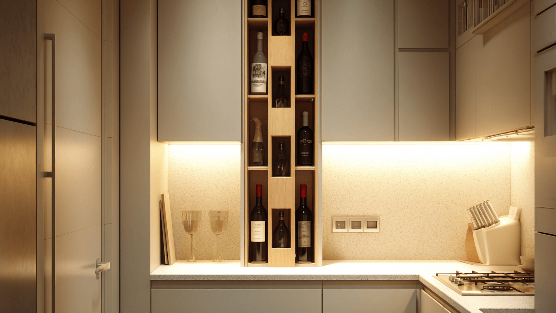 narrow vertical wine rack built into cabinetry