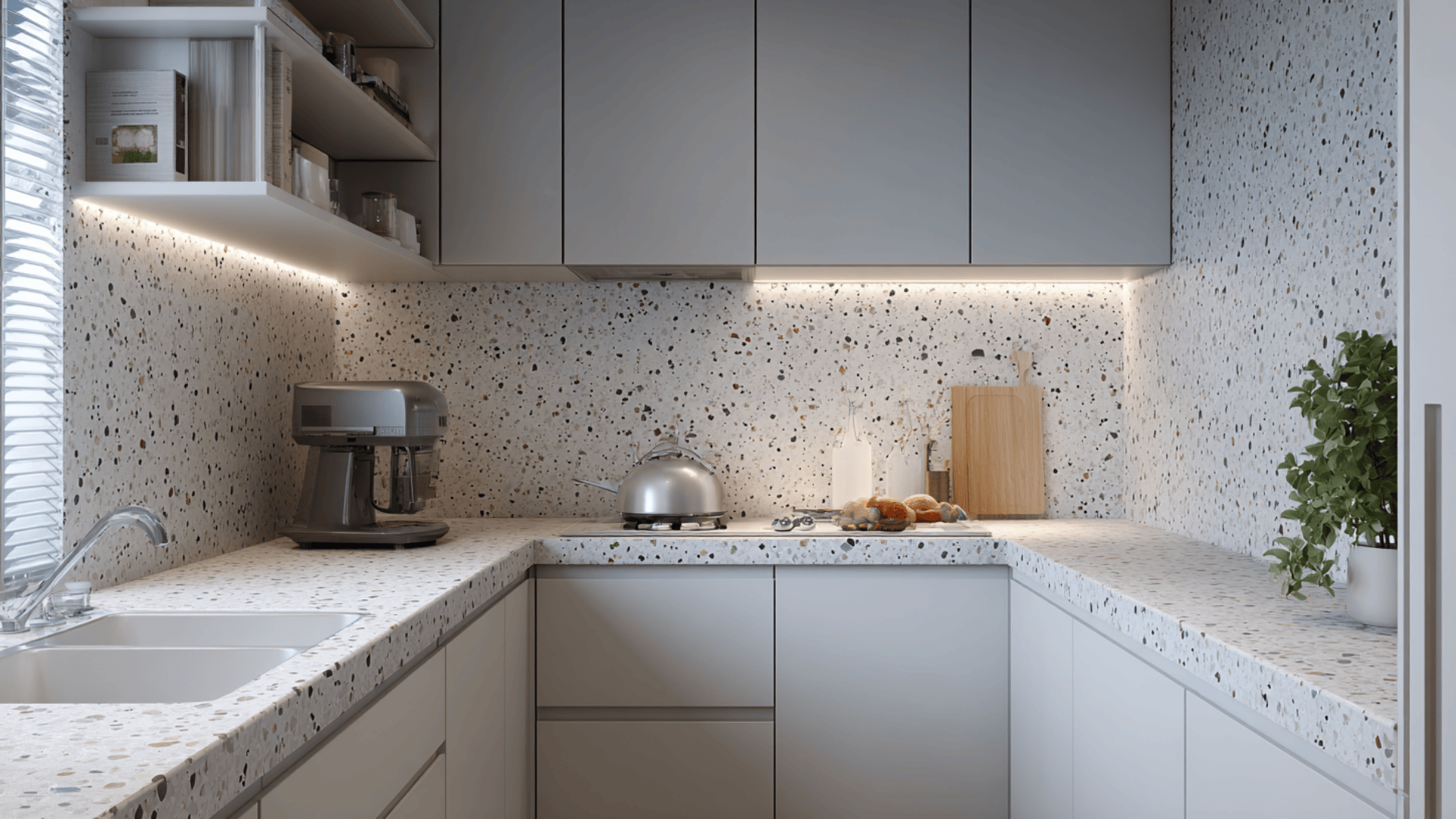 neutral terrazzo backsplash with tiny chips