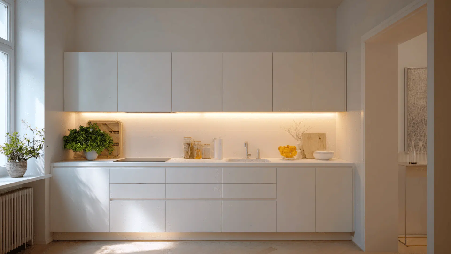 one wall kitchen with flat white cabinets