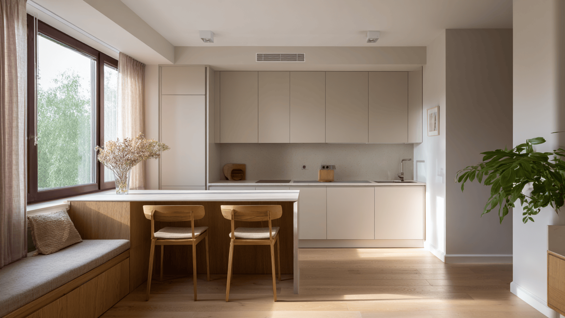 open plan layout with a thin peninsula