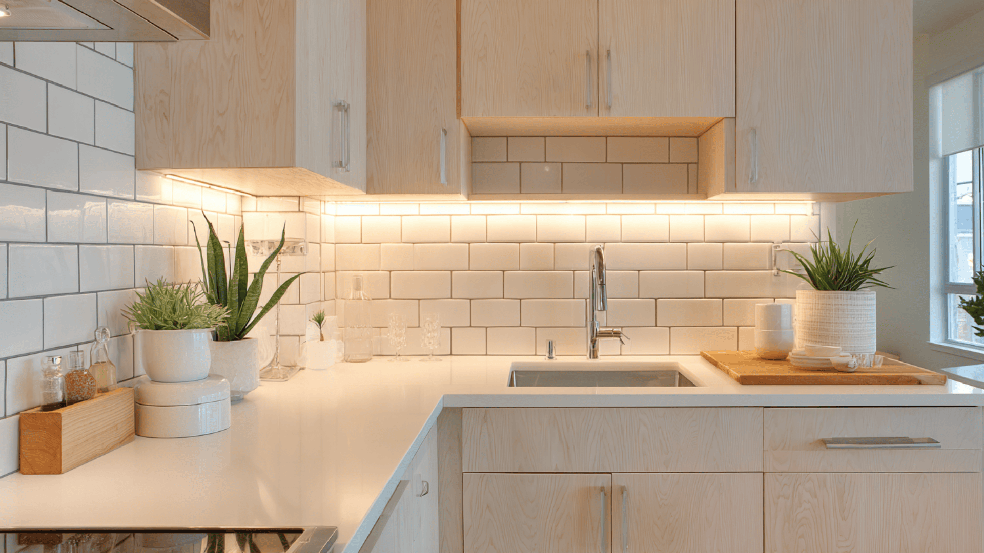 simple white tile backsplash with tight grout lines