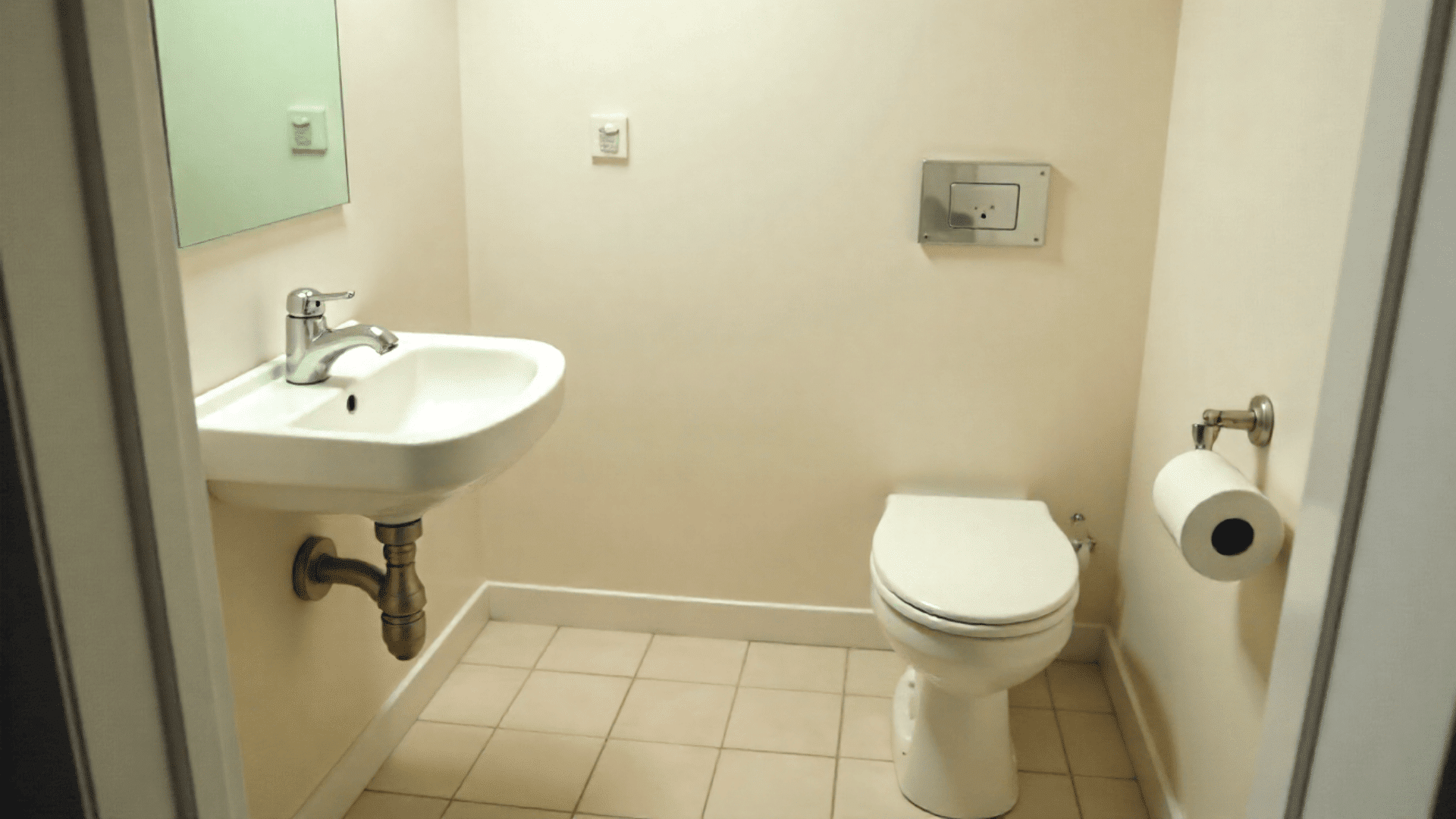 sink across from the toilet