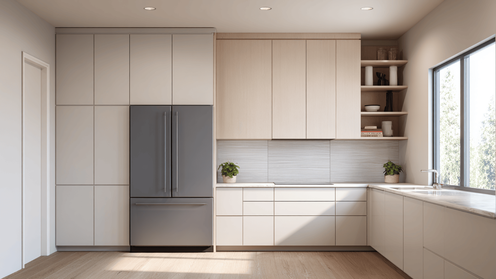 slim fridge built into a cabinet wall