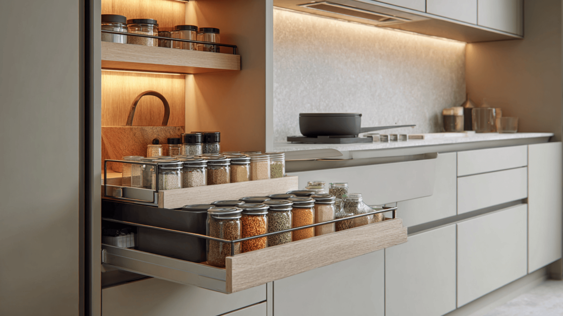 small kitchen with pull out spice racks