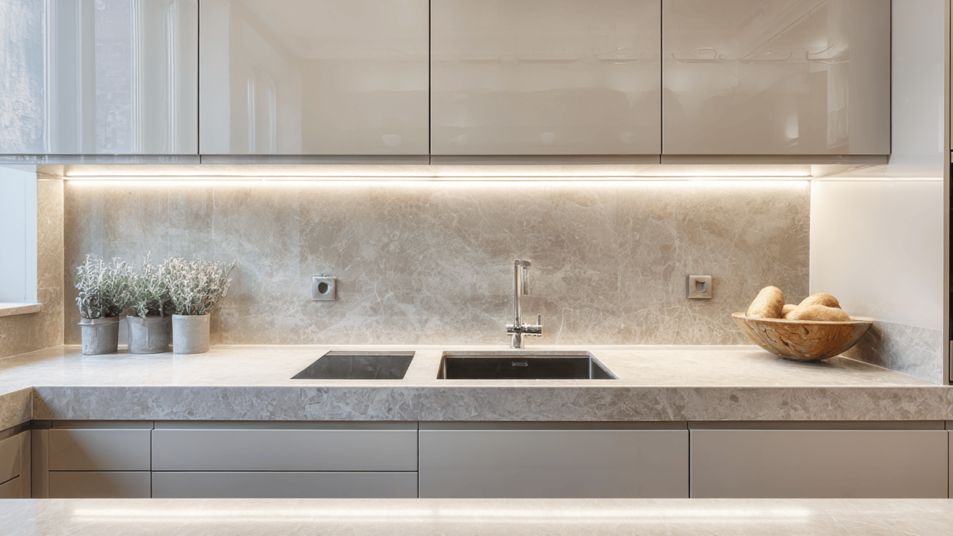 smooth slab backsplash in matching color