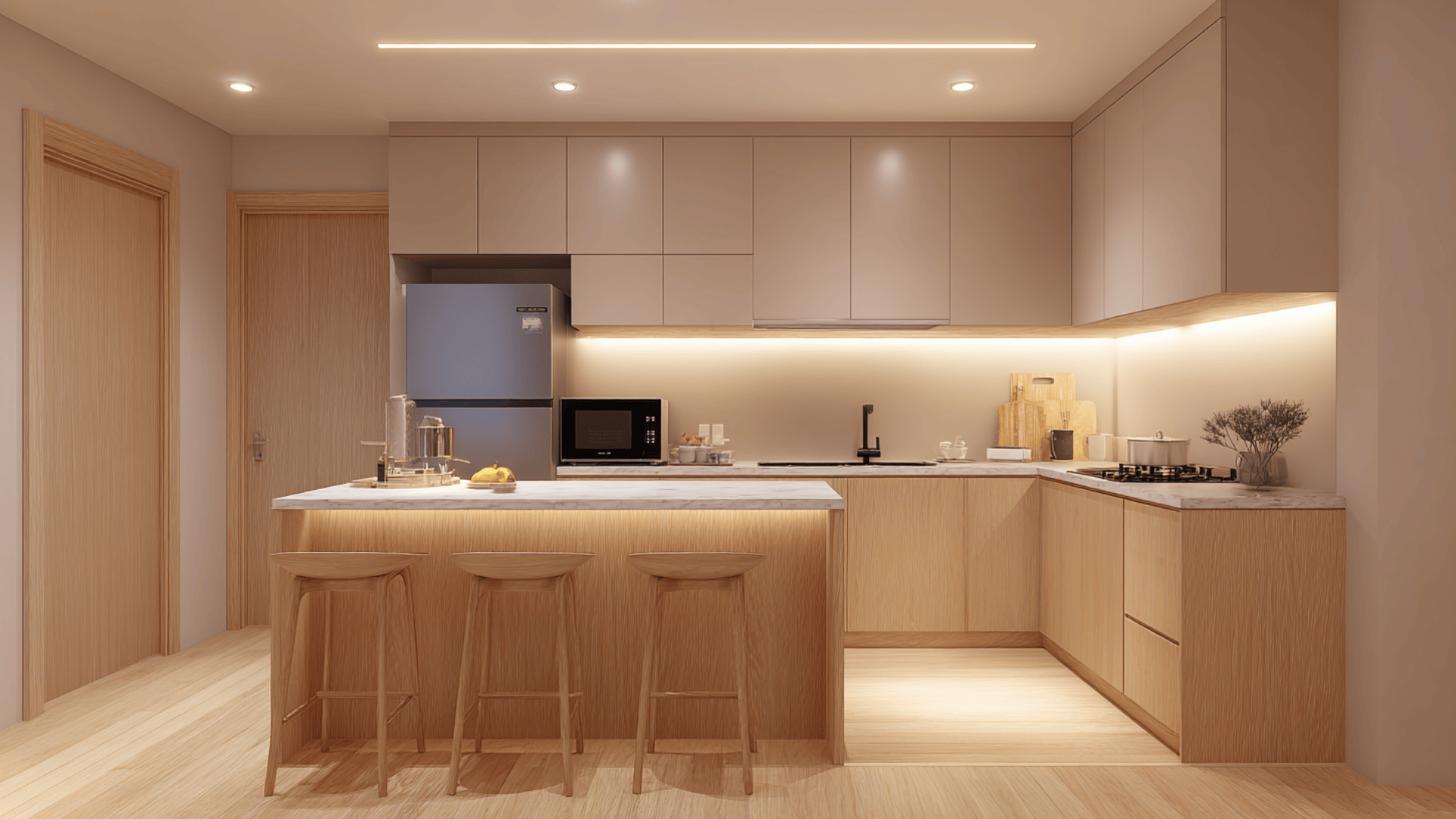 soft beige kitchen with subtle lighting