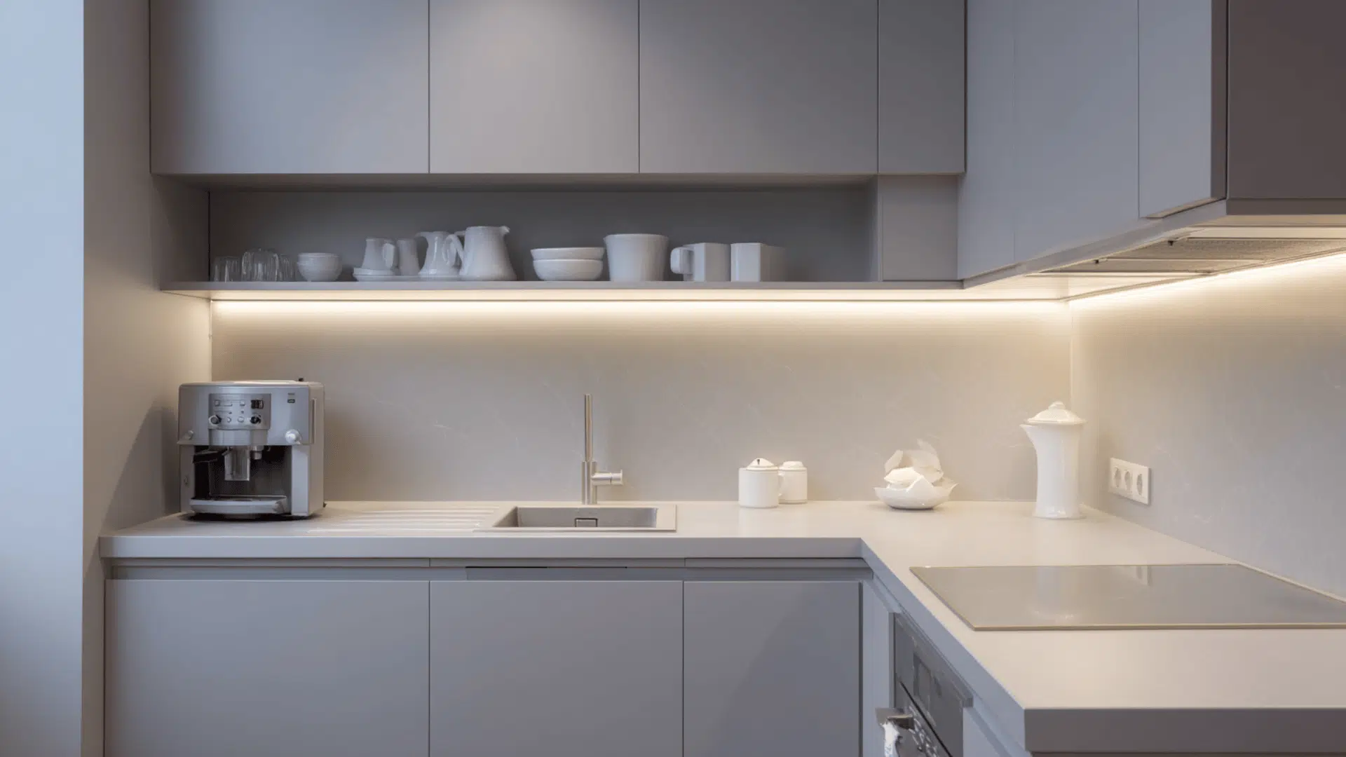 soft gray cabinets with a matching backsplash