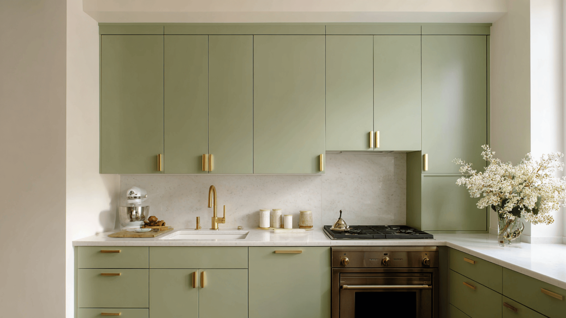 soft matte green cabinets with brass accents
