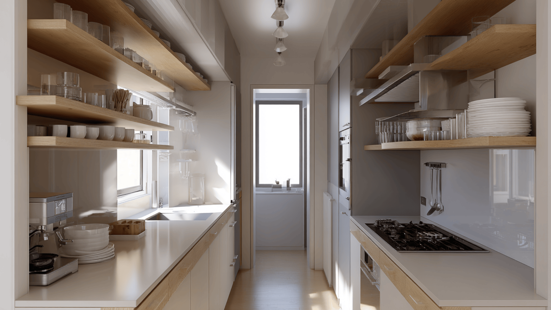 tiny galley kitchen with straight open shelves