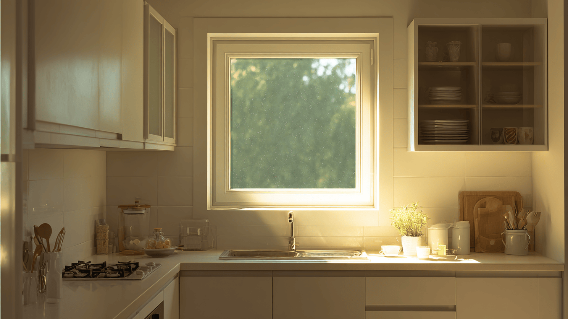 tiny square window centered over the sink