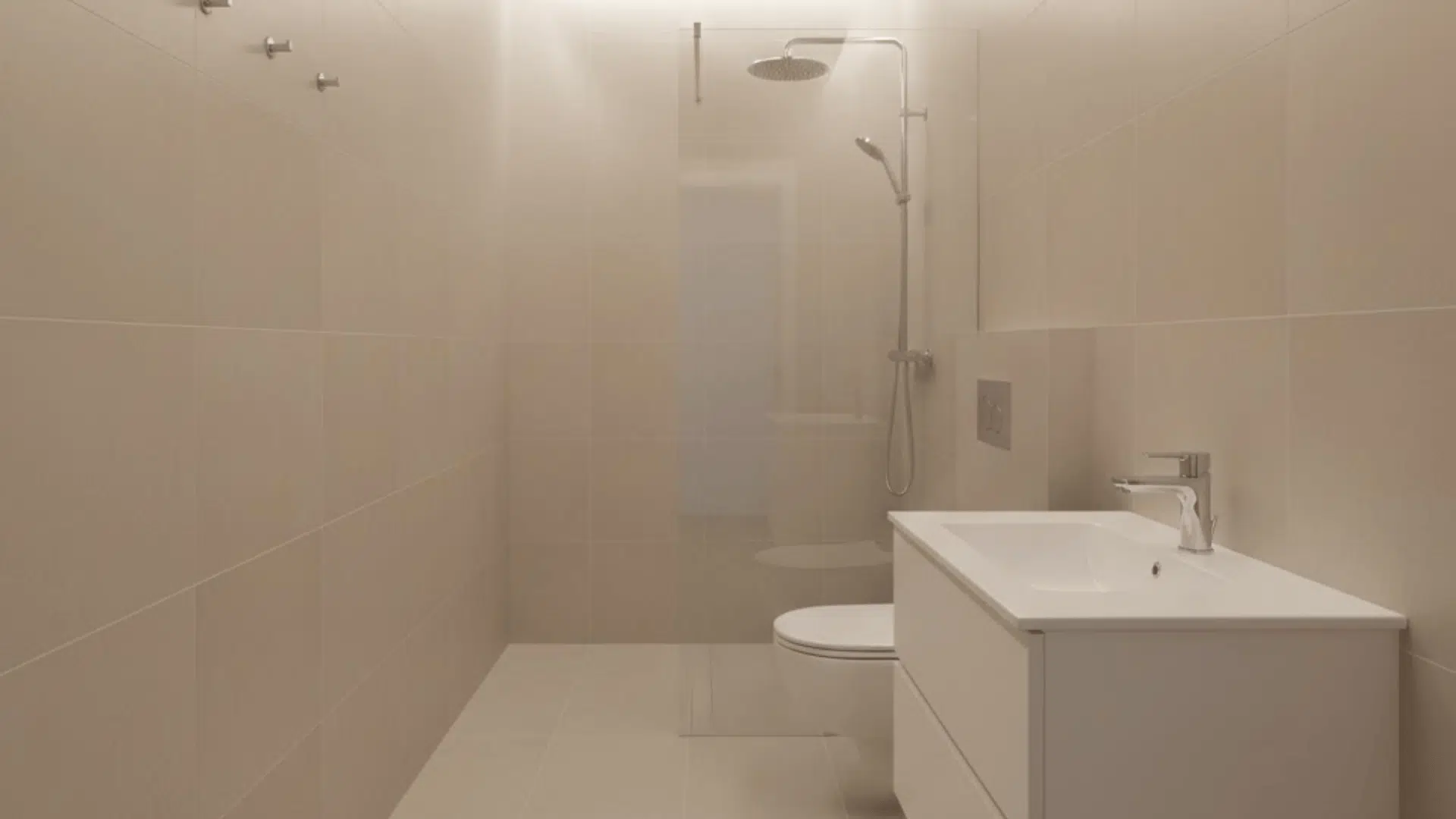 toilet centered on the long wall with shower at the end