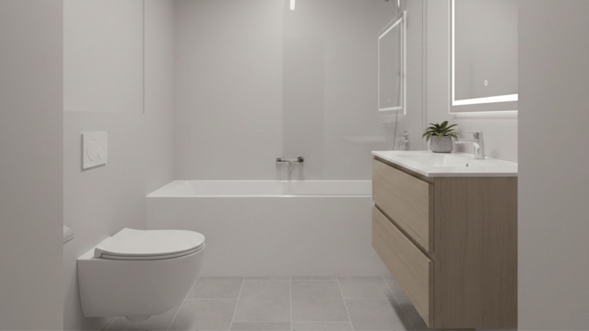 tub on the short wall vanity opposite toilet