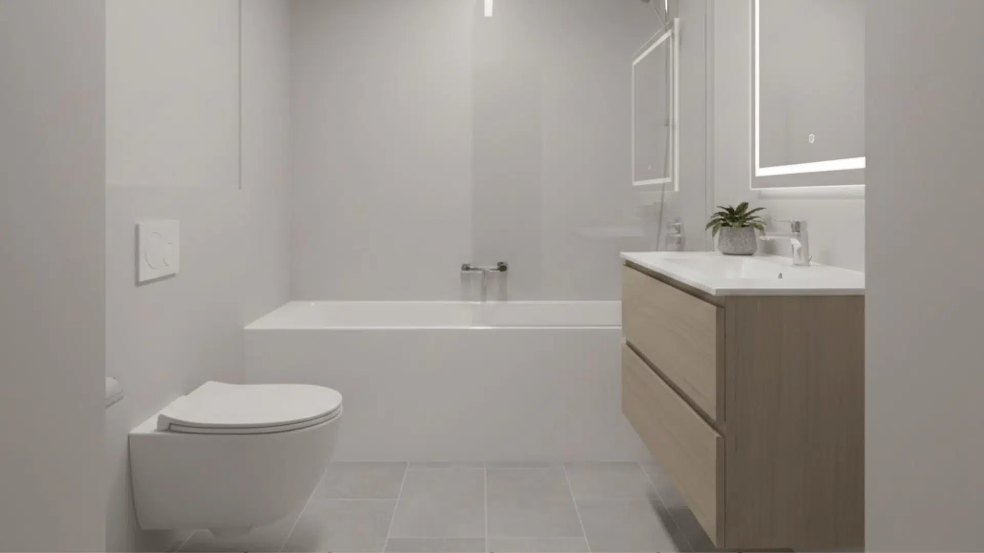 tub on the short wall vanity opposite toilet