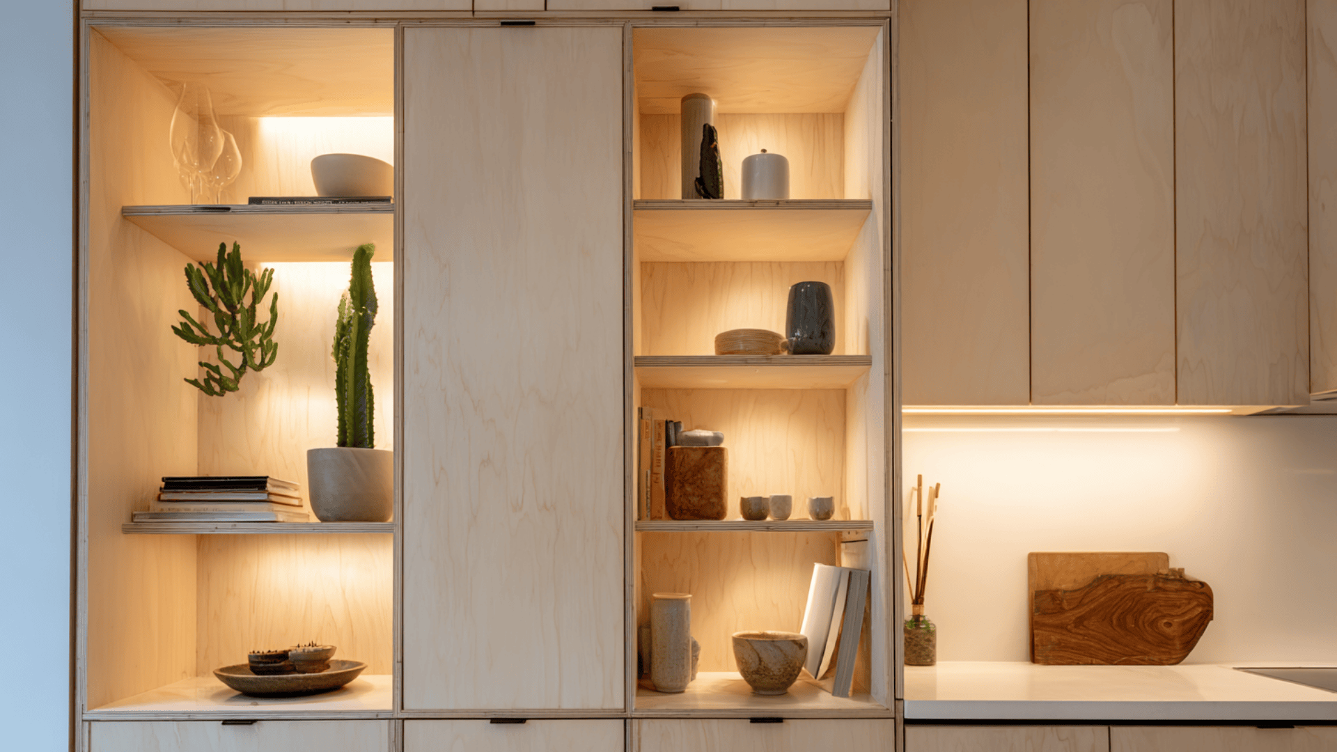vertical open shelf tower between cabinets