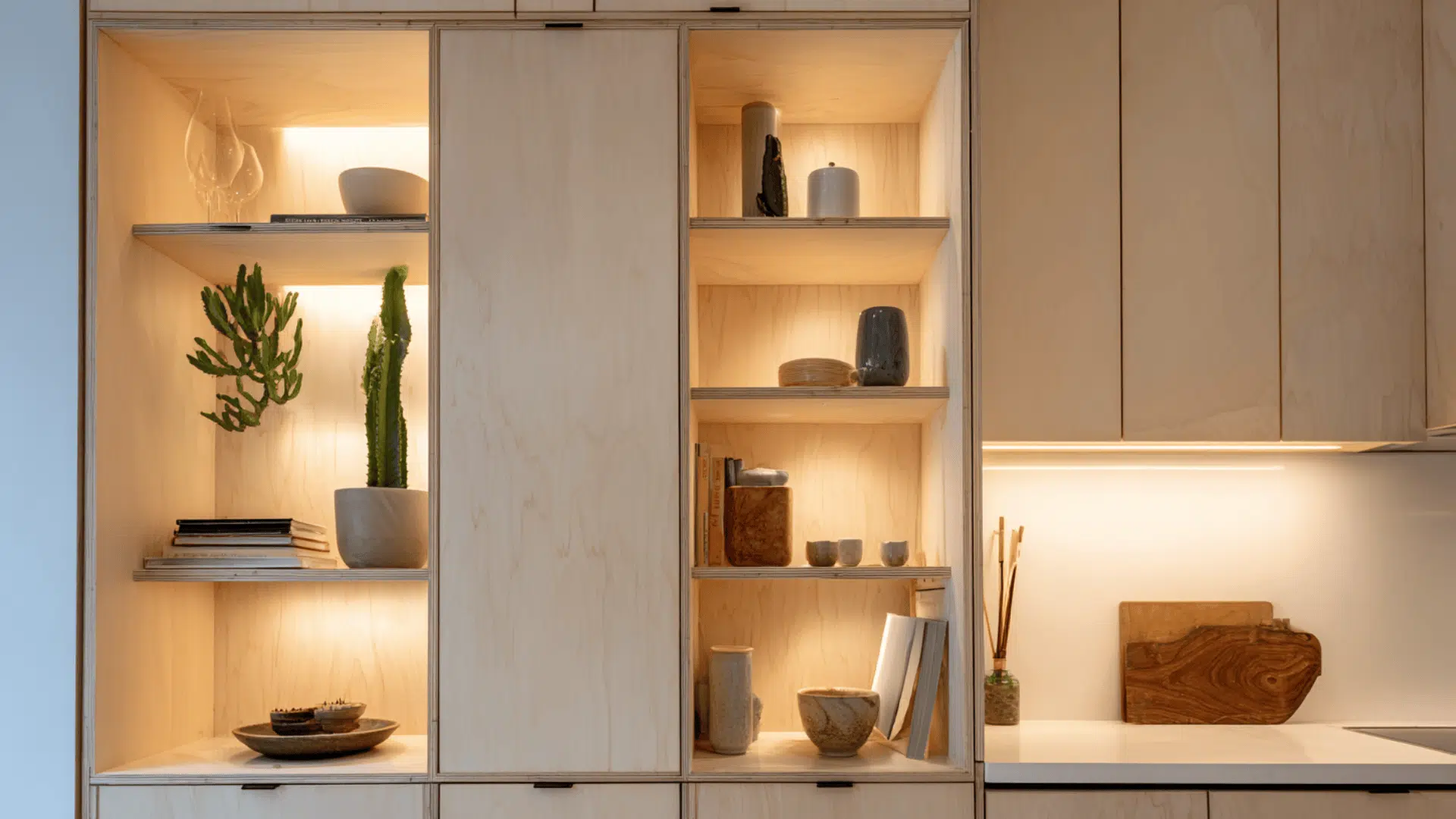 vertical open shelf tower between cabinets