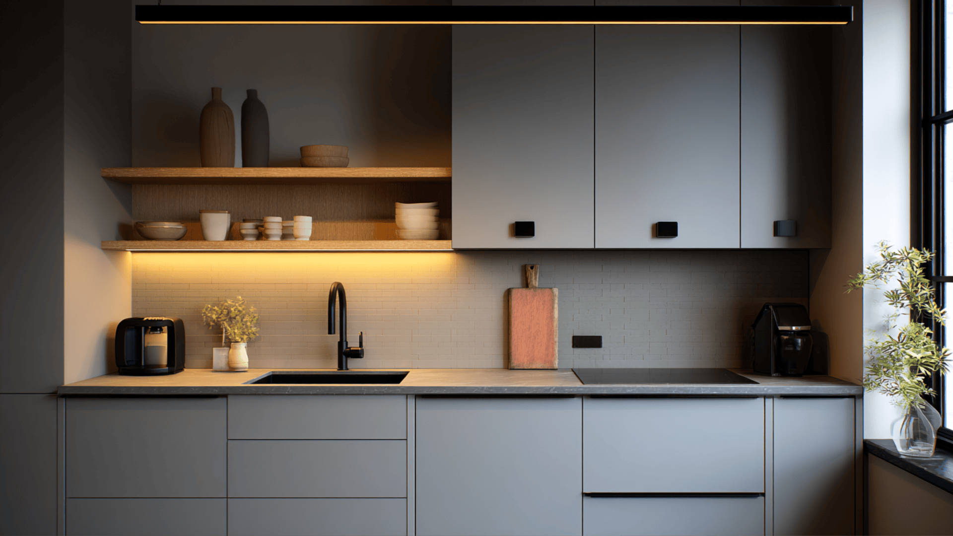 warm gray cabinets with black accents