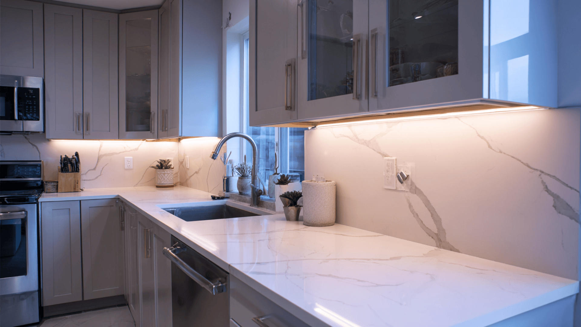 white quartz countertop with soft movement
