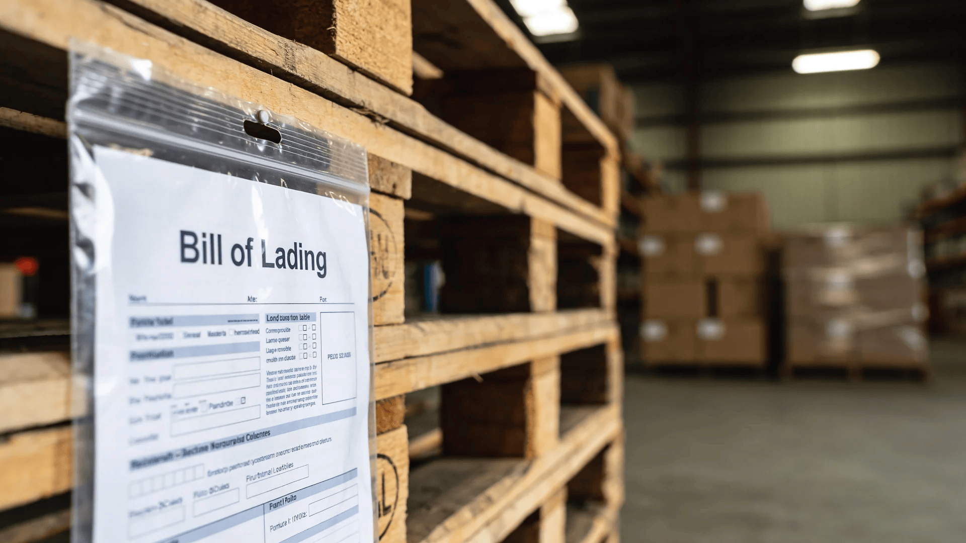 Bill of Lading document attached to the side of a pallet