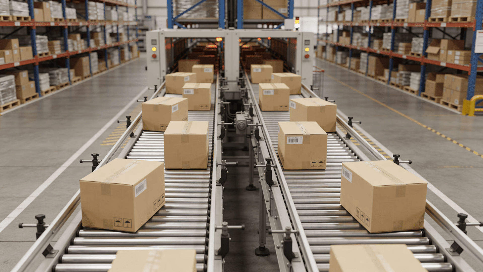 Boxes moving along conveyors toward outbound shipping areas