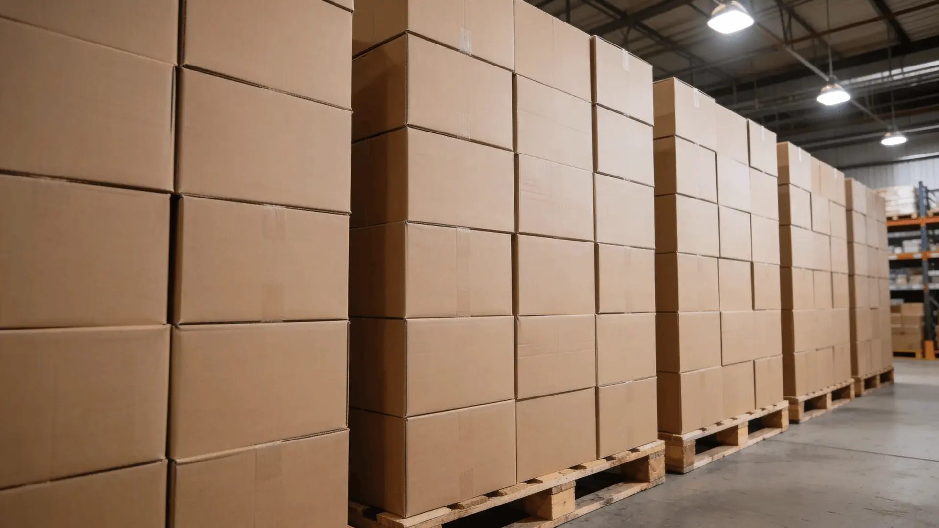 Boxes stacked evenly in columns on a pallet without overhang