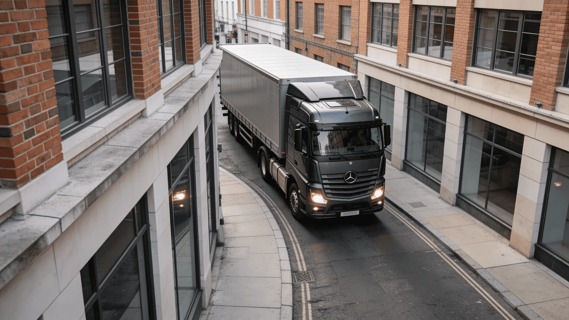 Cabover truck navigating a narrow city street with limited turning space