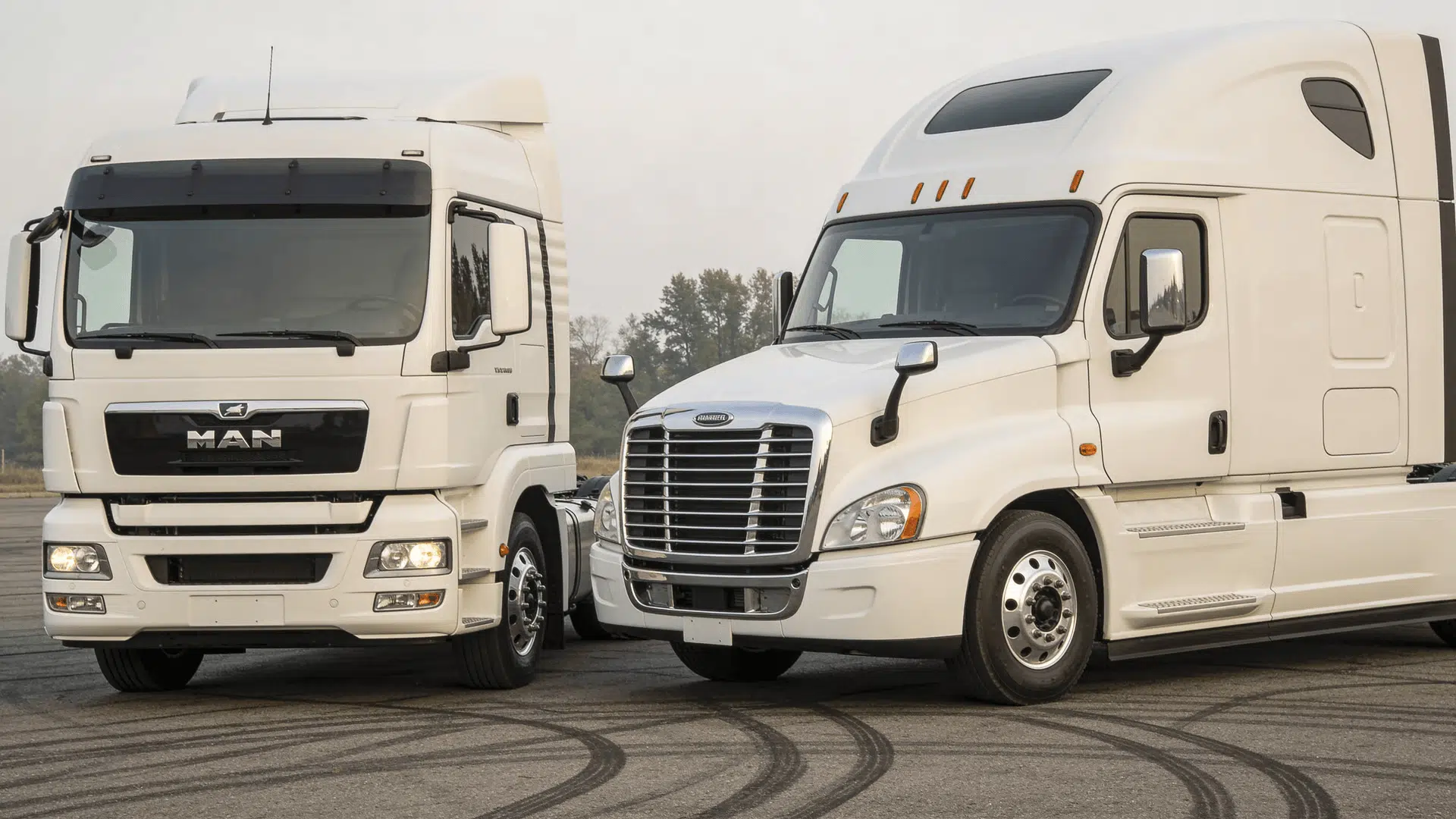 Cabover truck next to long-hood truck showing shorter front length and cab position