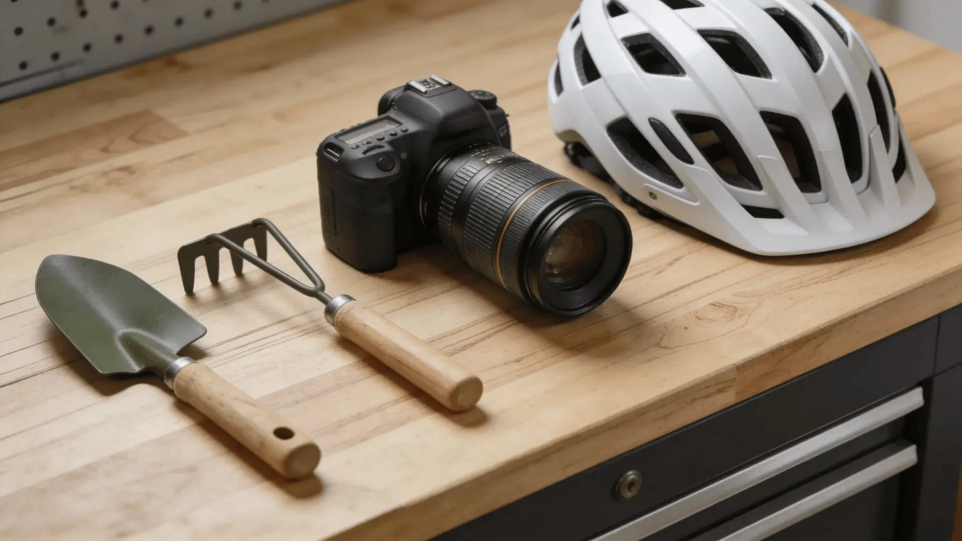 Camera lens, gardening tools, and bicycle helmet on a wooden surface