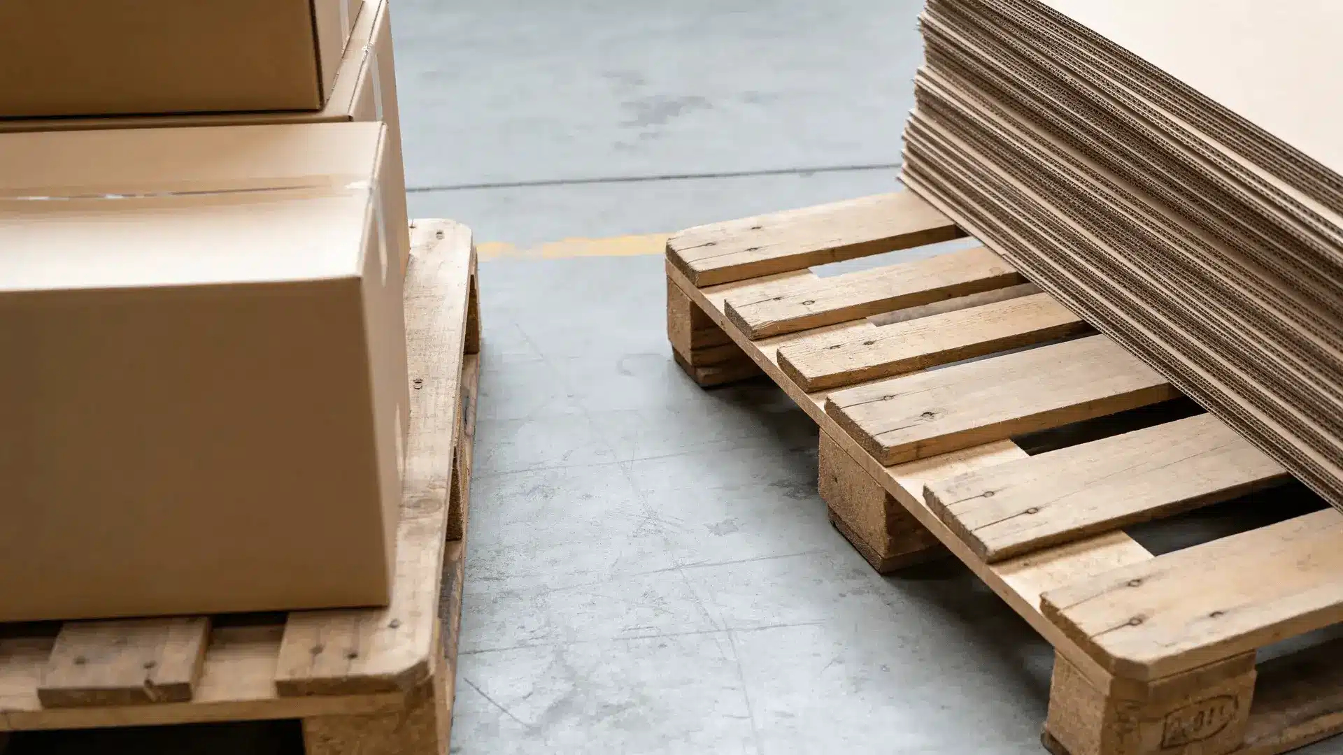 Cardboard boxes and stacked flattened sheets placed on wooden pallets on a warehouse floor
