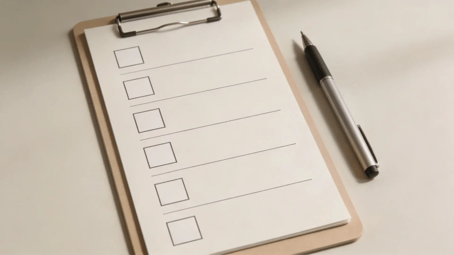 Checklist board with empty boxes and pen on a desk