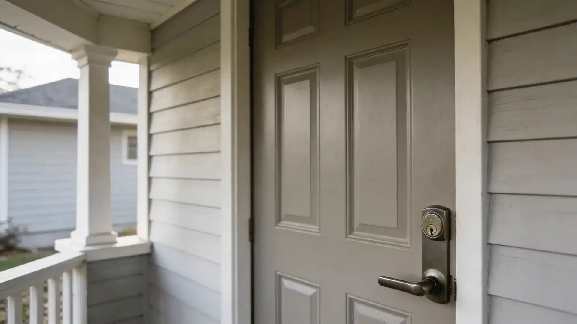 Closed front door with handle and deadbolt on a residential home exterior
