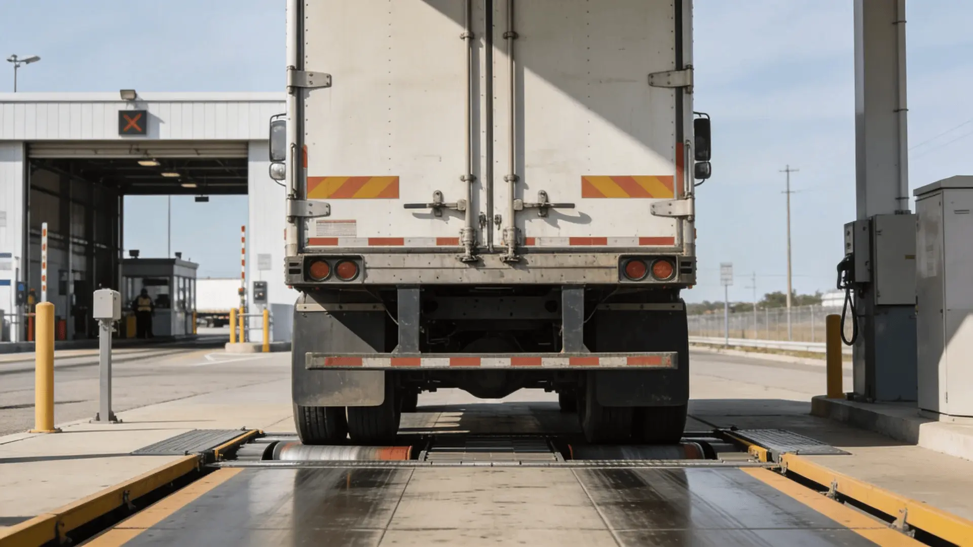 Commercial truck stopped on a weigh station scale near an inspection area