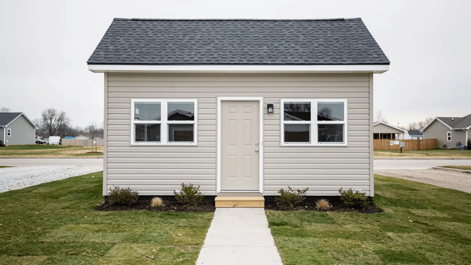 Completed tiny house exterior on a residential lot with simple siding and windows