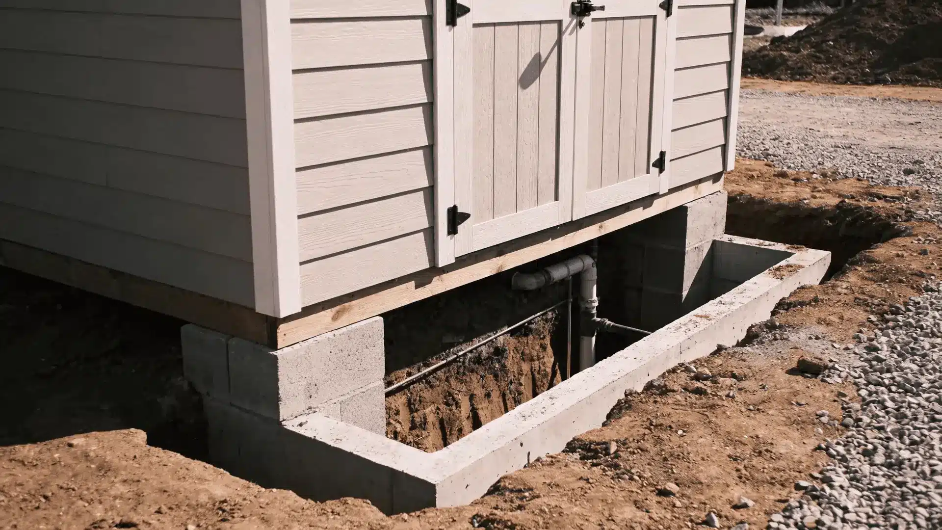 Concrete footing and open utility trench beside small shed under construction