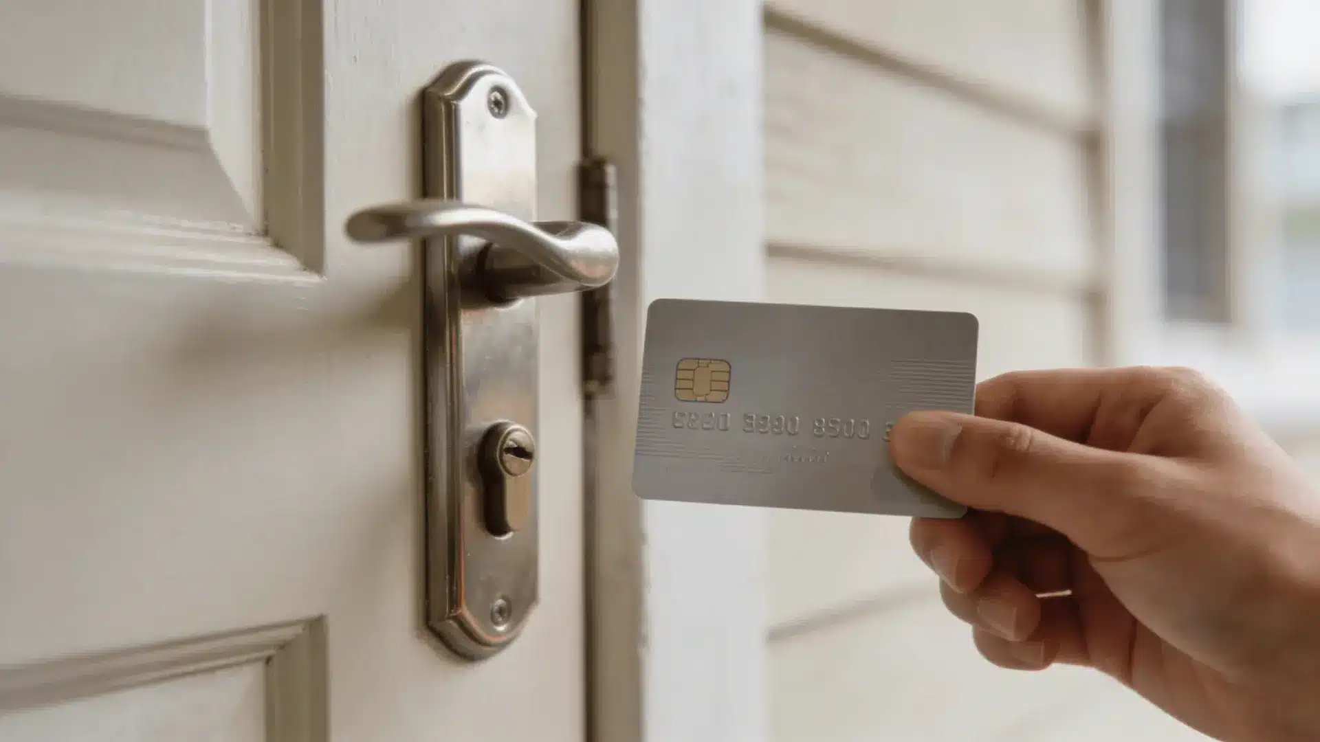 Credit card held near a closed door latch on a residential front door