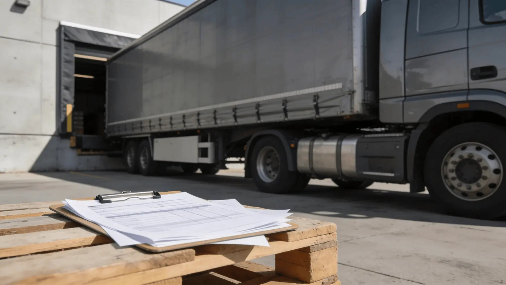 Delivery truck at a warehouse with shipping documents on a pallet