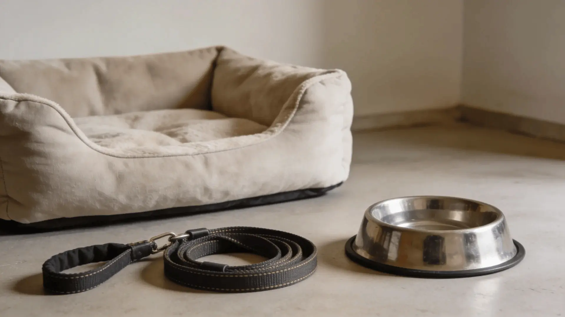 Dog bed, leash, and food bowl arranged on a neutral indoor floor