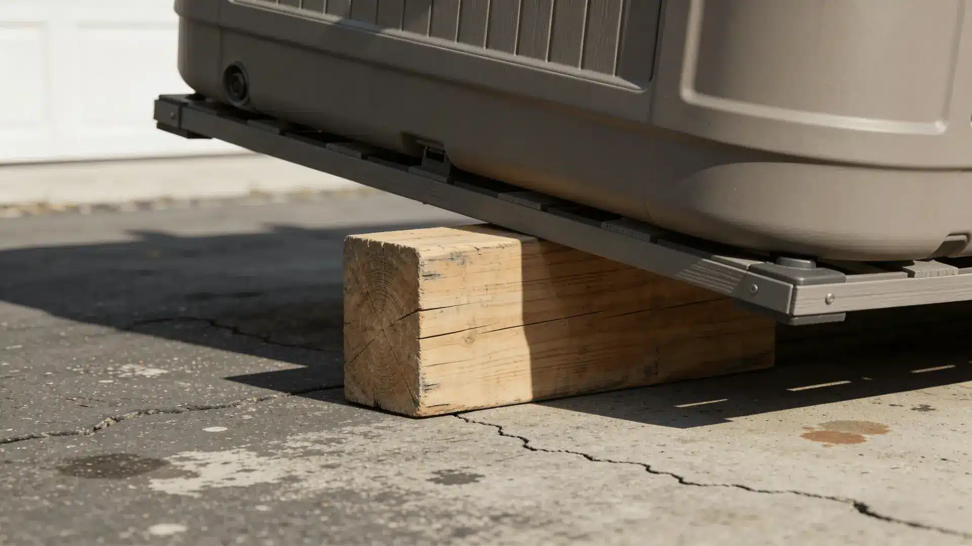 Dry empty hot tub lifted using 4x4 beam under base