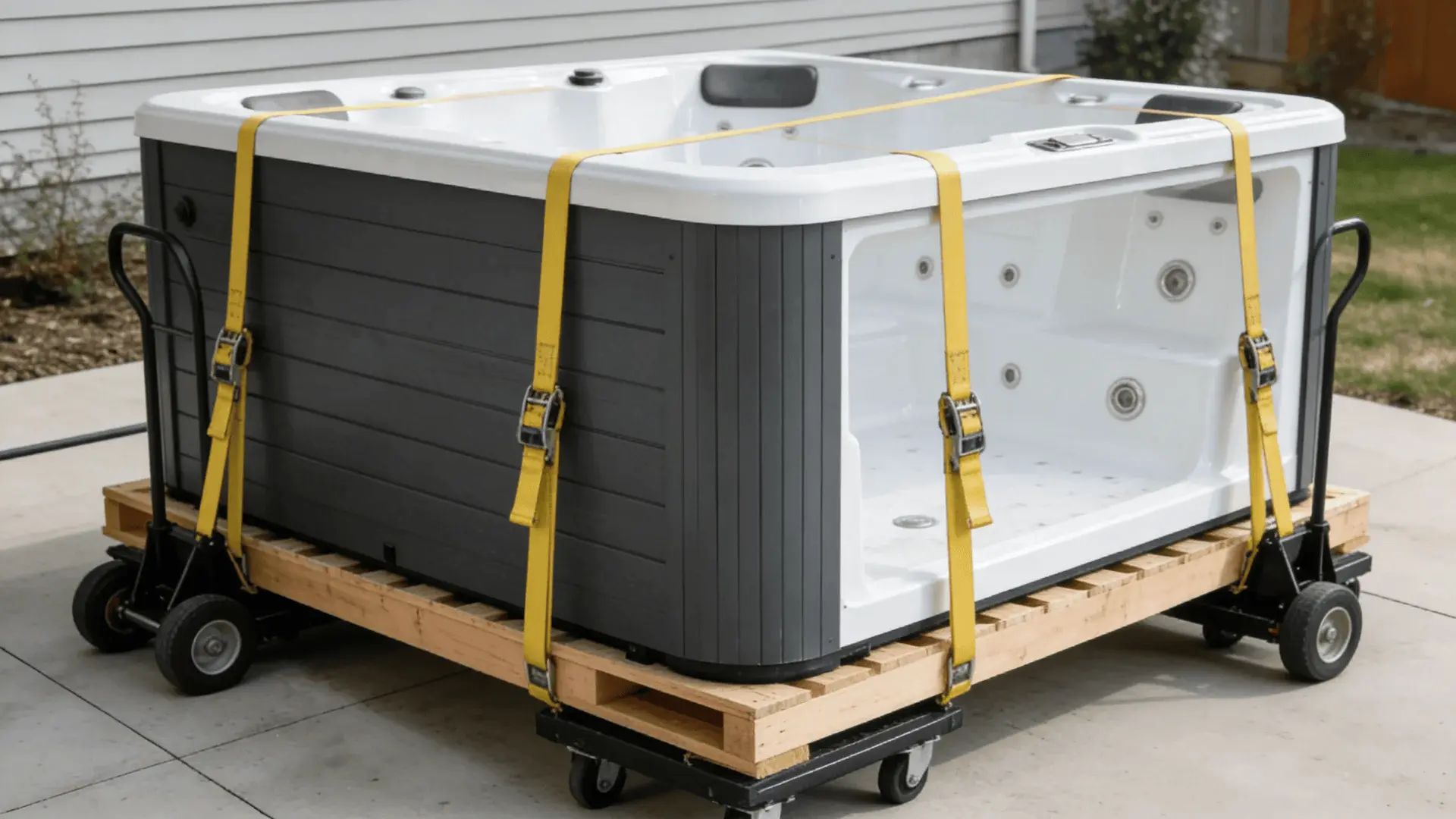 Dry empty hot tub on dollies secured with straps