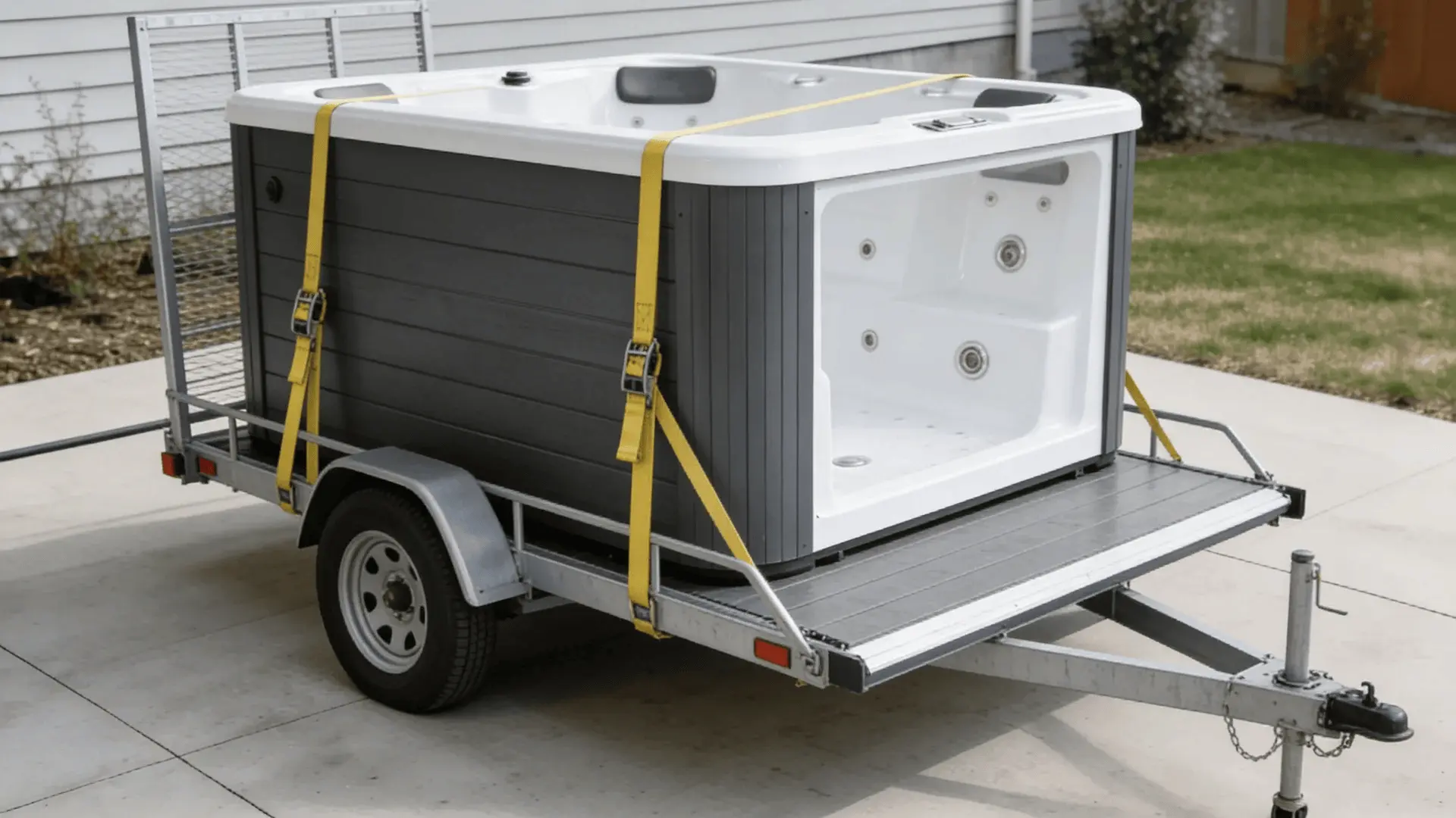 Dry empty hot tub secured on lift gate trailer