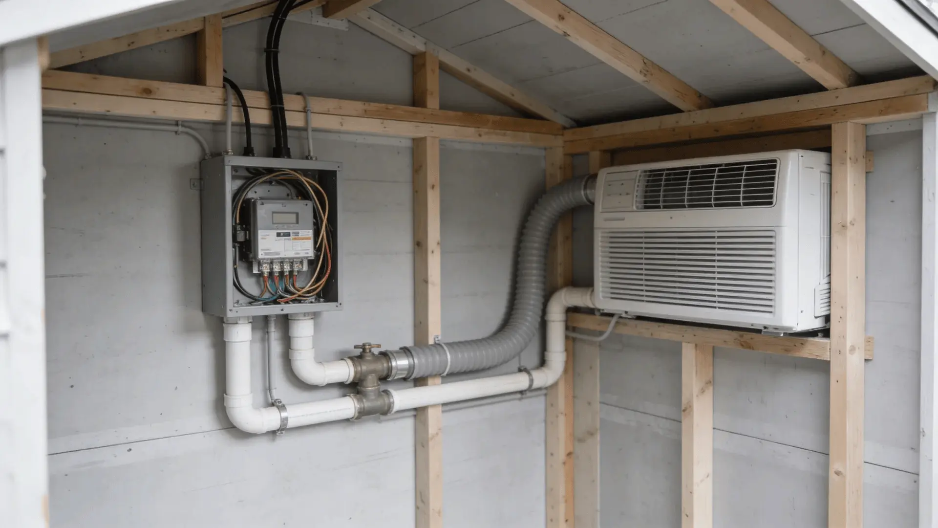 Electrical panel, wiring, plumbing drain pipes, and mini-split unit inside unfinished shed