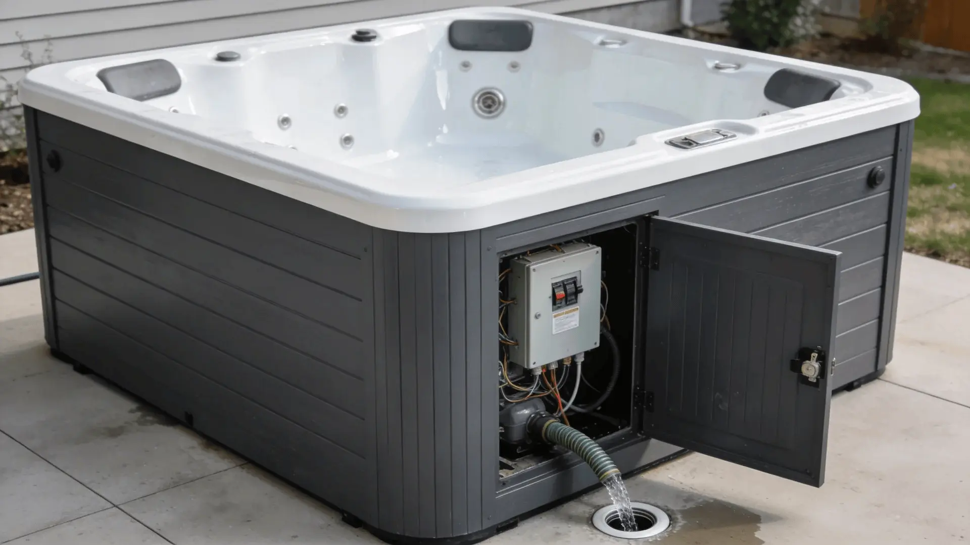 Empty dry hot tub with open panel, breaker off, and hose attached