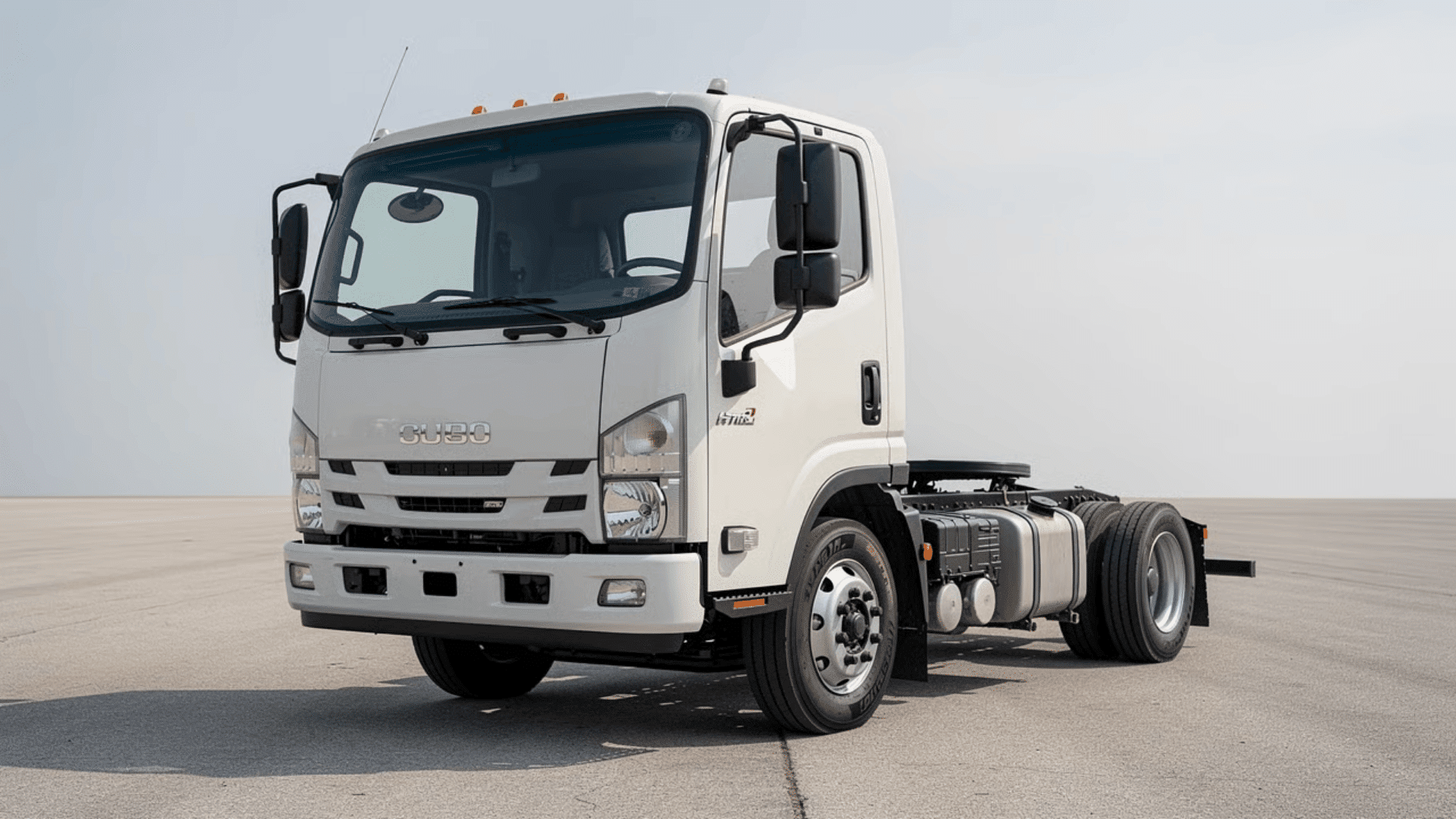 Flat front cabover truck parked on pavement with engine positioned beneath the cab