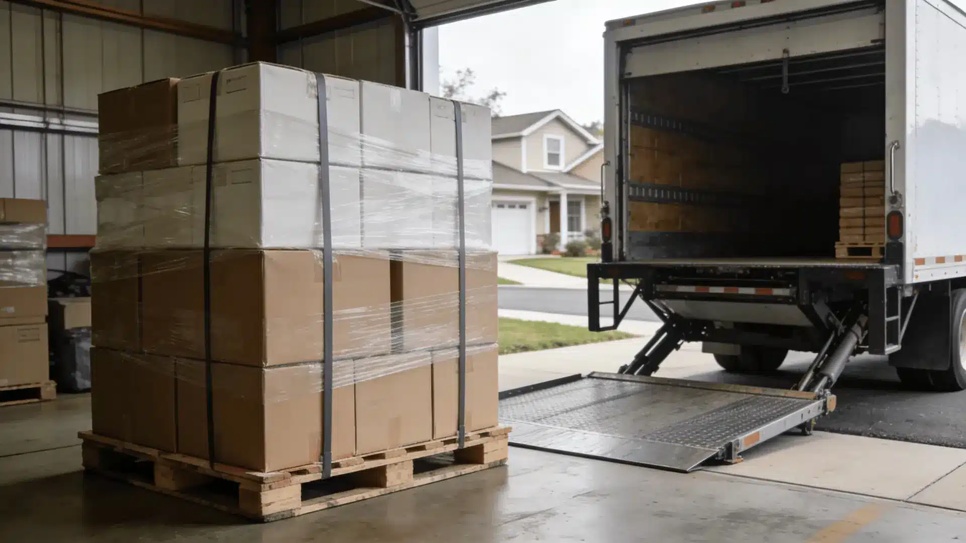 Freight truck using liftgate to lower a pallet onto a residential driveway