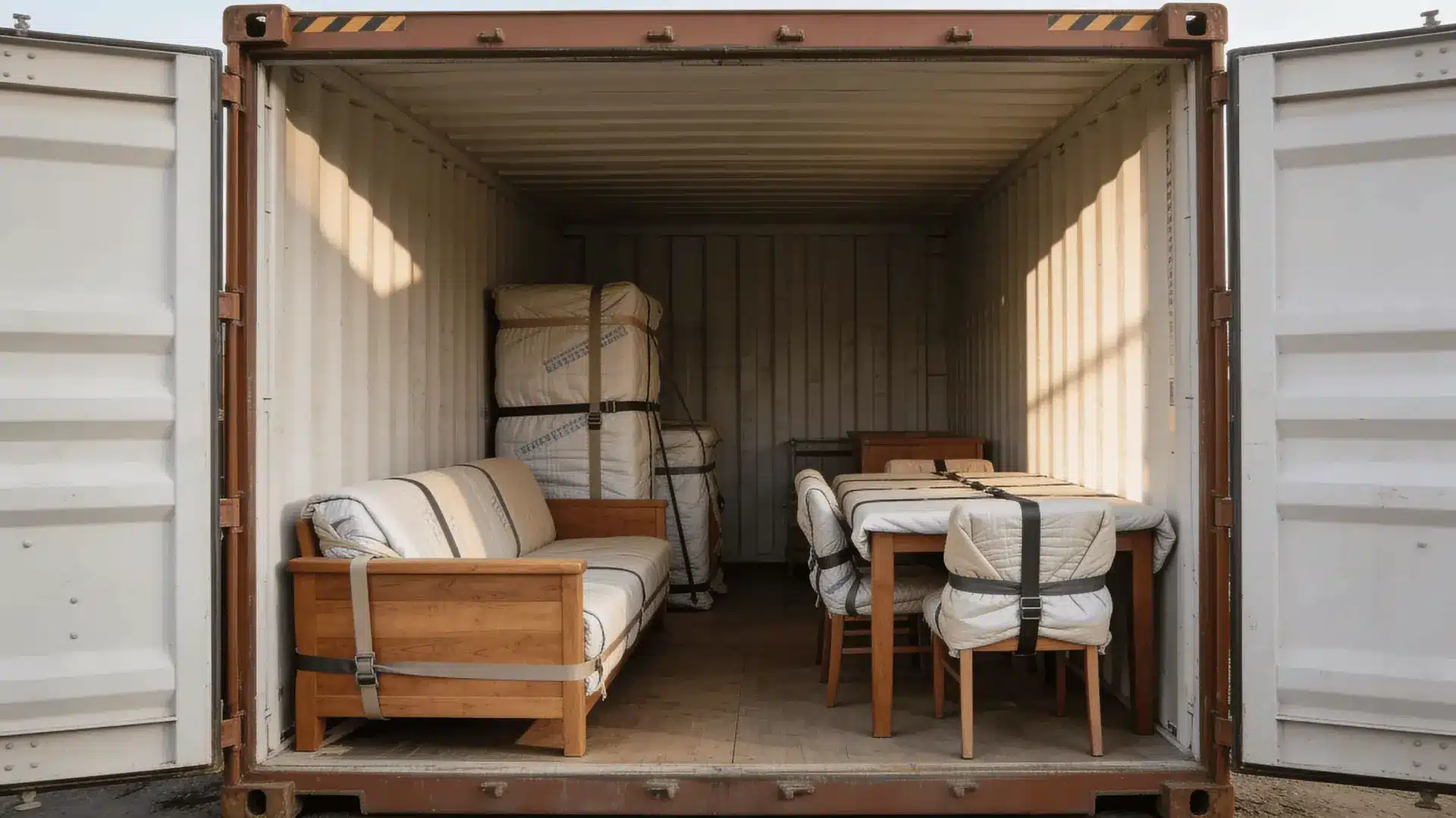 Furniture wrapped in moving blankets secured inside a shipping container