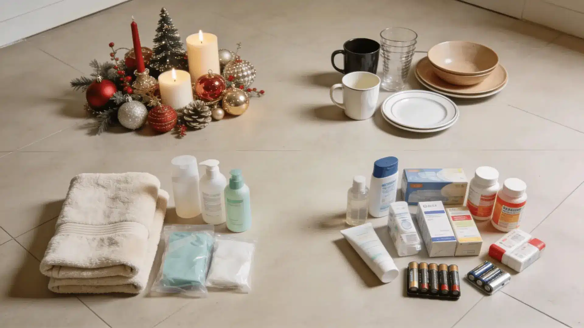 Household items grouped into seasonal decor, kitchenware, daily items, and essentials on floor