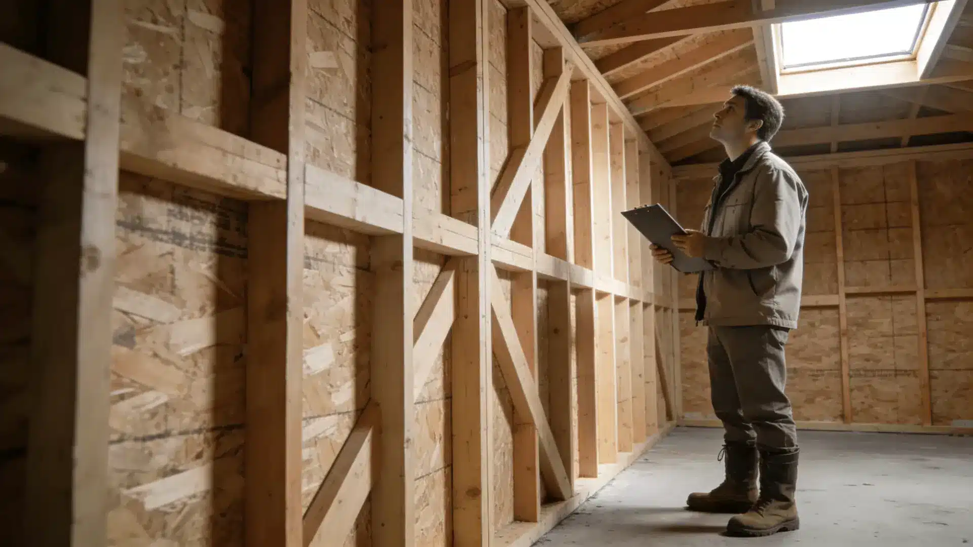 Inspector reviewing exposed wall framing inside unfinished shed