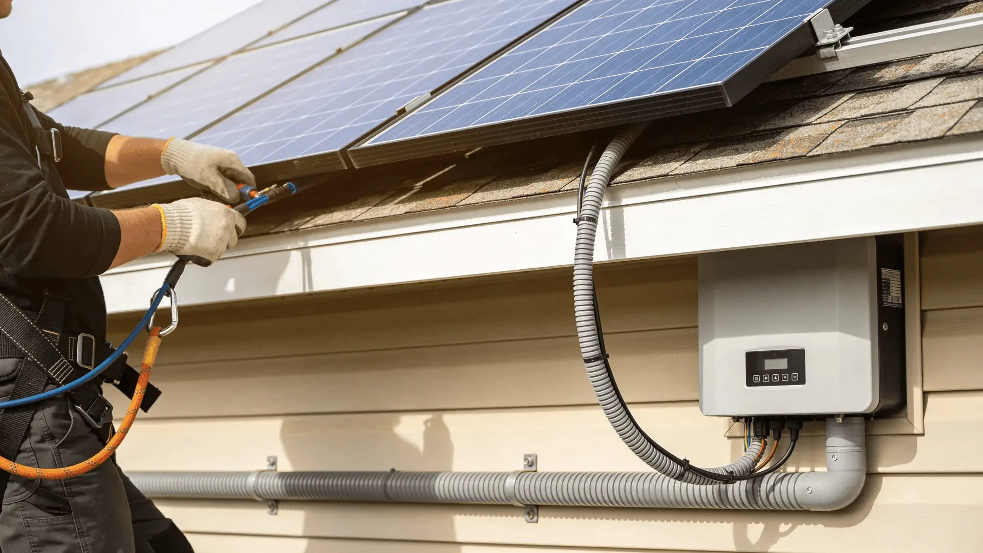 Installer connecting solar panel cables and routing wires into conduit