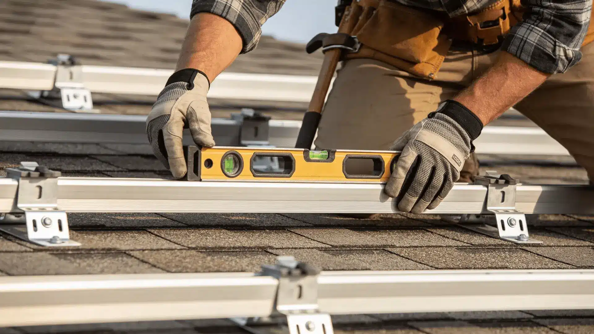 Installer leveling aluminum solar mounting rails on a roof