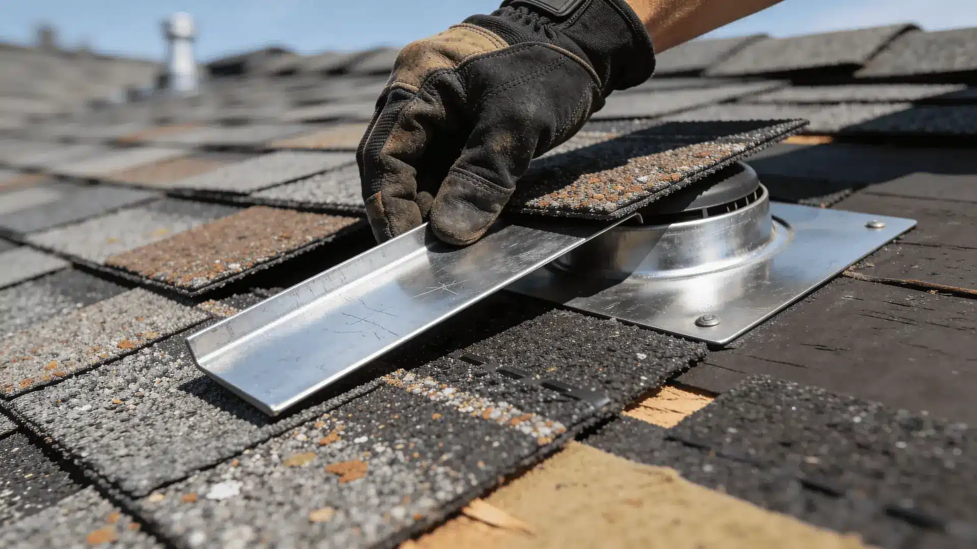 Installer placing metal flashing under shingles around roof mount